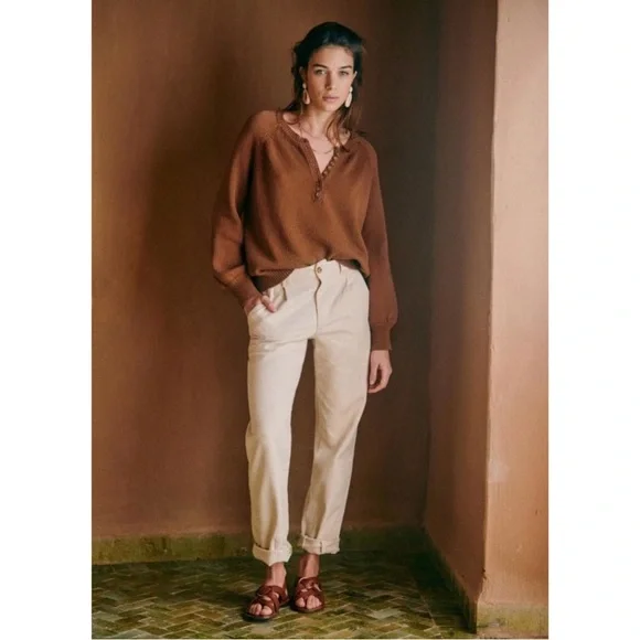SEZANE Tan Brown Organic Cotton Button Balloon Sleeve Sweater Leontine Jumper - Picture 6 of 13